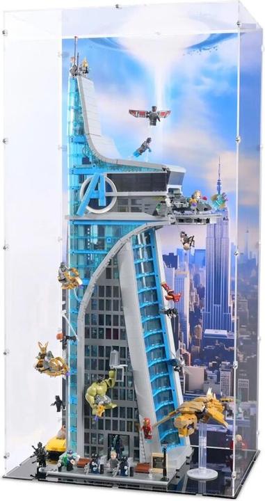 Produktbild iDisplayit Acryl-Display für LEGO® 76269 Avengers Tower (Mit Hintergrundmotiv und schwarzem Boden)