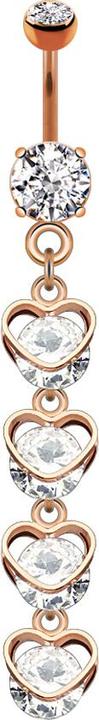 Star Piercing Banane rosegold mit Anhänger vier Herzen mit Kristall (Messing, Chirurgenstahl 316L)