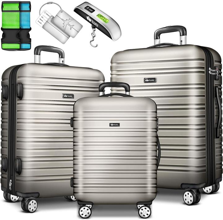 Tillvex 3-teiliges Reisekoffer-Set mit Kofferwaage, Gepäckanhänger & Kofferbänder (M (50 - 90l), L (90 - 115l), XL (ab 115l))