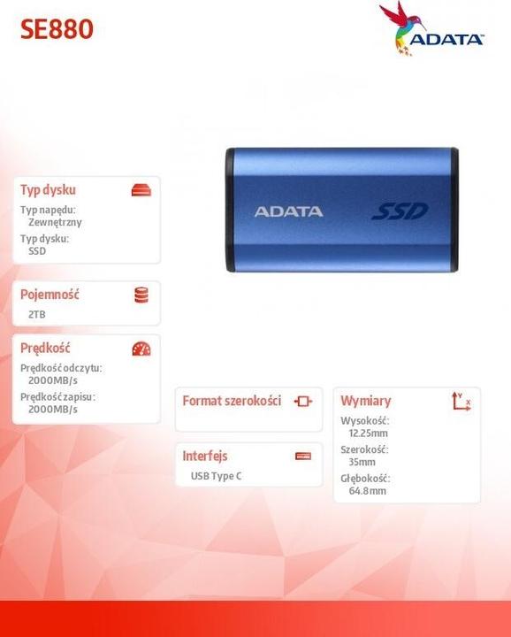 Immagine prodotto Adata Dysk zewnętrzny SSD SE880 2TB USB3.2A/C Gen2x2 Niebieski (2000 GB)