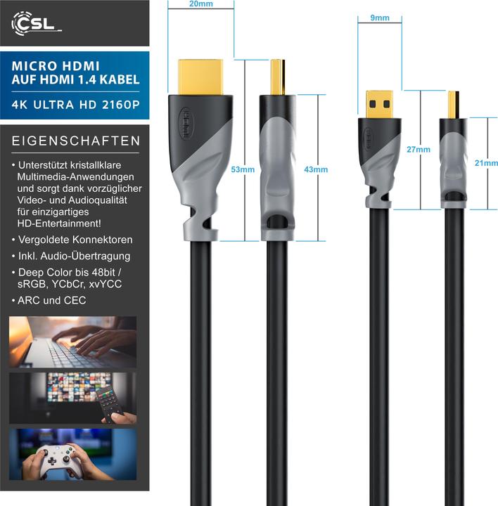 Produktbild CSL Micro HDMI Kabel 2.0 - 4k 60Hz Ultra HD - Full HD - 3D - Ethernet - 1080p 2160p - 3 fach geschirmt (3 m, HDMI)
