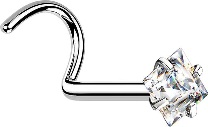 Star Piercing Nasenstecker gebogen silber quadratischer Kristall silber gefasst (ohne Messing, Chirurgenstahl 316L)