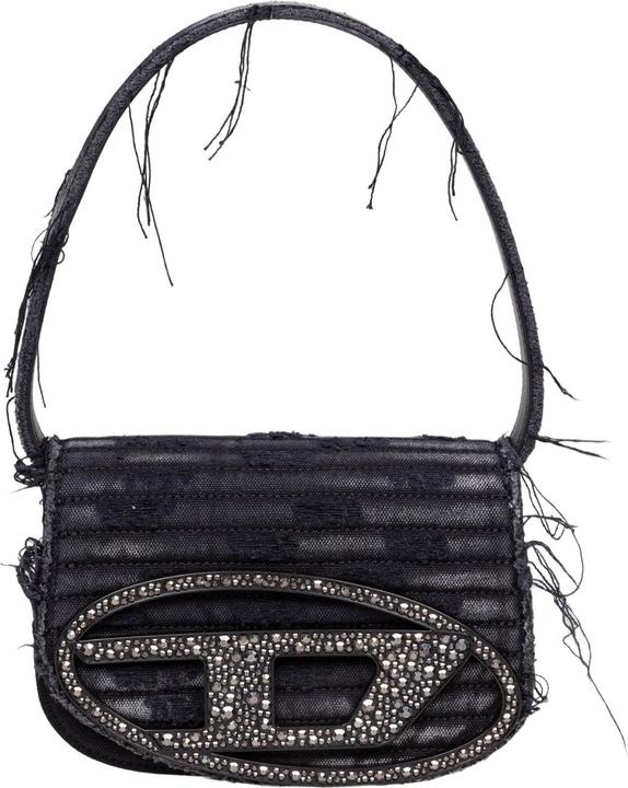 Actual product image Diesel 1dr shoulder bag in denim canvas with crystal appliques, black