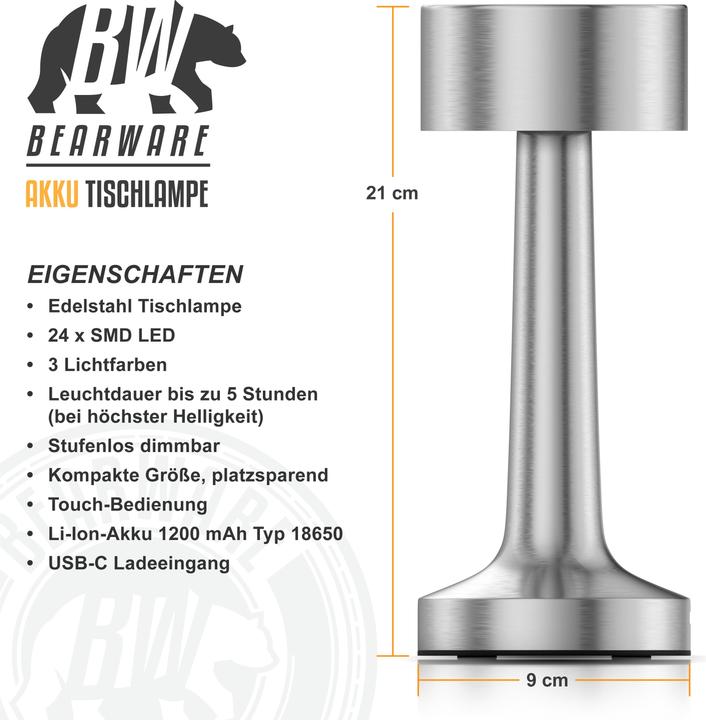 Actual product image Bearware LED Tischleuchte, dimmbar, kabellos, Akku, Touch, Nachttischlampe, Schreibtischlampe, Edelstahl