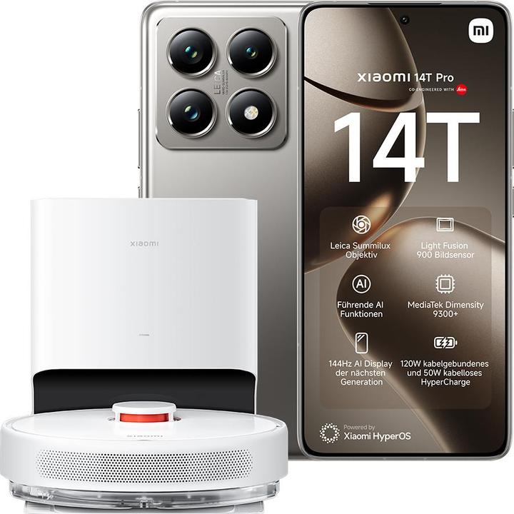 Image du produit Xiaomi 14T Pro + Robot Vacuum X10 Launch Bundle (512 Go, Gris Titan, 6.67", Double SIM, 50 Mpx, 5G)