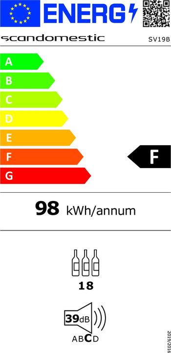 Etichetta energetica Scandomestic SV 19 B - Frigorifero per vini - 1 zona - Larghezza: 29,5 cm - Profondità: 56,1 cm - Altezza: 86,5