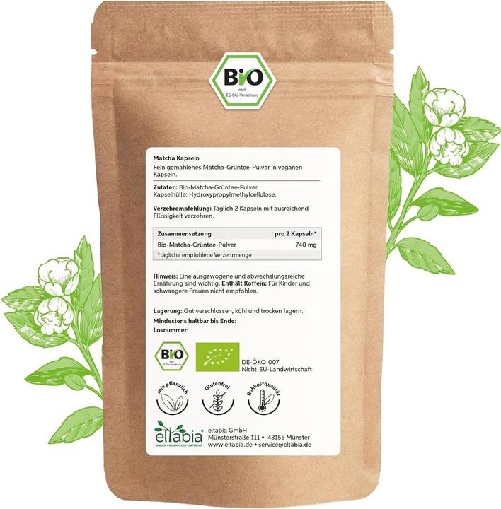 Produktbild Eltabia Bio Matcha Grüntee Extrakt Kapseln | 100% rein ohne Zusatzstoffe (200 Stück, Kapseln)