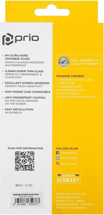 Productafbeelding prio Schermbeschermer glas voor iPhone 8/7/6S/6 Plus transparant (1 Stuk, Apple iPhone 6s Plus, Apple iPhone 6 Plus, Apple iPhone 8 Plus, Apple iPhone 7 Plus)