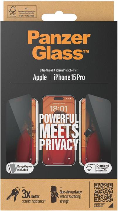Immagine prodotto PanzerGlass Proteggi schermo Privacy Ultra-Wide Fit (1 Pezzo/i, Apple iPhone 15 Pro)