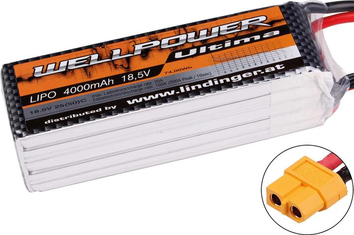 Actual product image Wellpower Lipo battery Ultima 4000 mAh / 18.5 Volt 5S 25/50C CH3/5 XT-60 (18.50 V, 4000 mAh)