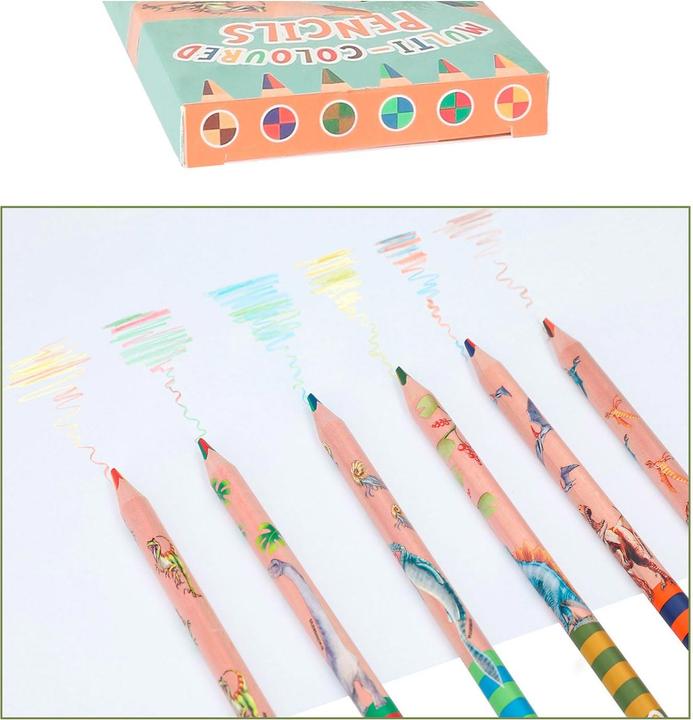 Produktbild Magni Depesche 12100 Dino World-Multicolor Buntstifte Set in Holz-Optik und Dinomotiven, 6 Dicke Stifte in (Mehrfarbig, 6 x)