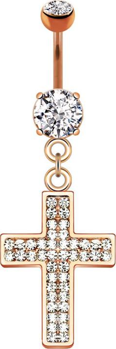 Star Piercing Banane rosegold mit Anhänger Kreuz und Kristallen (Chirurgenstahl 316L, Messing)