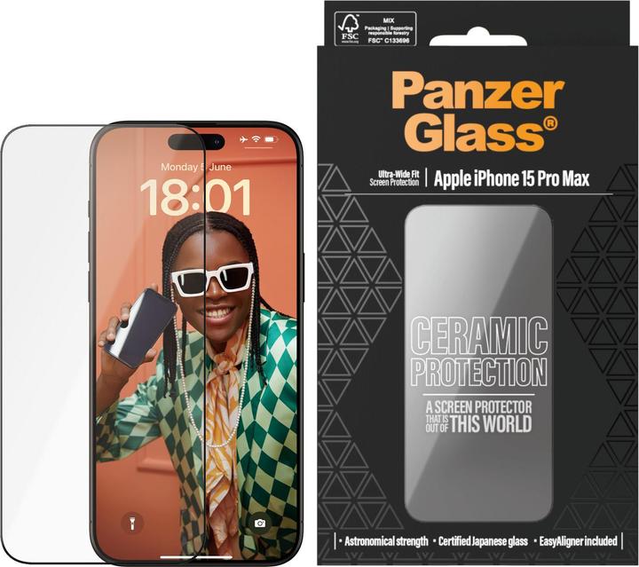 Productafbeelding PanzerGlass Keramische Bescherming voor iPhone 15 Pro Max | Ultra-Wide Fit w. EasyAligner (1 Stuk, Apple iPhone 15 Pro Max)