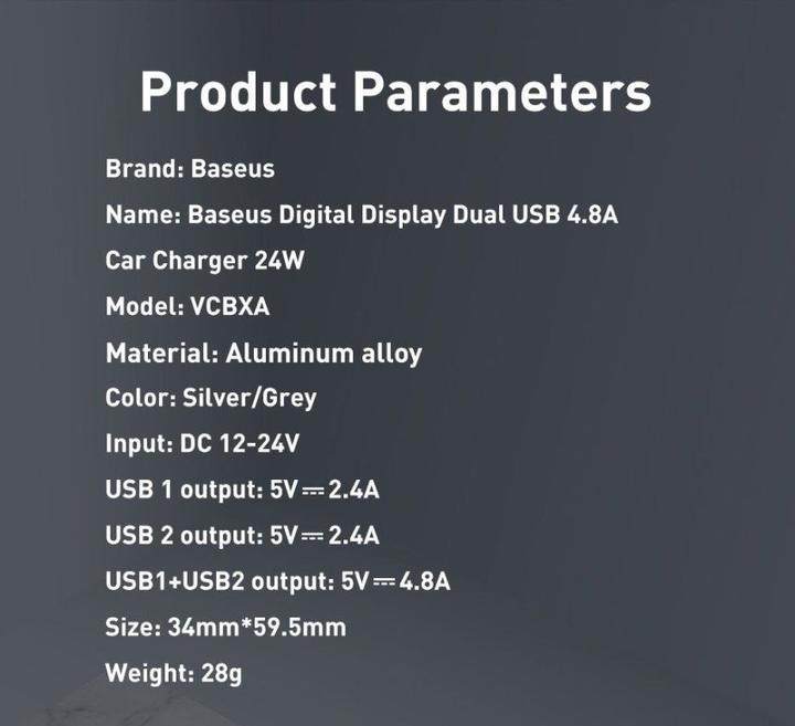 Produktbild Baseus Digital Display Dual USB 4.8A Car Charger 24W Grey