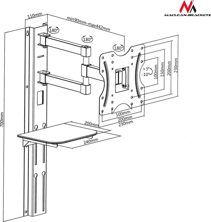 Immagine prodotto Maclean MC-771 - Supporto per monitor/TV VESA con ripiano, 23-42", nero, 30 kg (Muro, 42", 30 kg)
