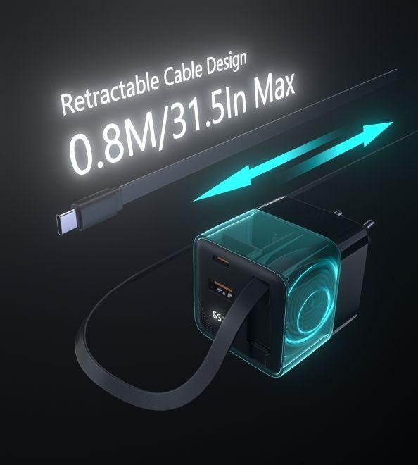 Actual product image Choetech USB Ladegerät mit zwei Anschlüssen und einziehbarem Kabel (65 W)