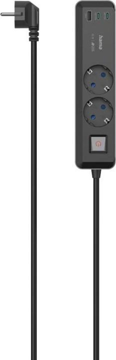 Actual product image Hama Power strip, 2-way, USB-C/A 65W, PD, switch, 1.4 m, black/grey (2 x, CEE 7/3, 1.40 m)