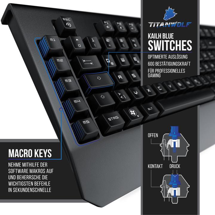 Produktbild Titanwolf Gaming Tastatur "Enforcer" mechanisch, LED Beleuchtung / QWERTZ / Keyboard mit Kailh Blue Switches (DE, Kabelgebunden)