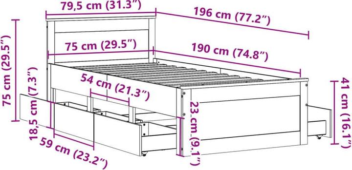Produktbild VidaXL Bett ohne Matratze mit Kopfteil (75 x 190 cm)