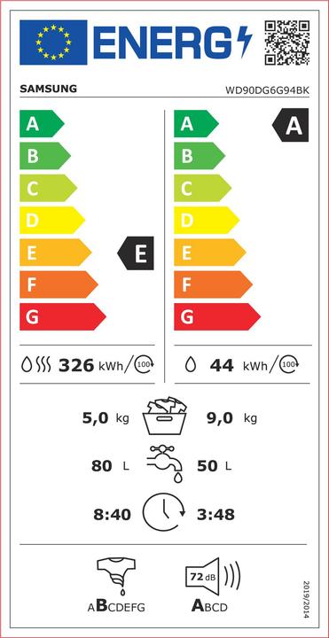 Energie-Label Samsung 9+5 kg WD6100D SLIM Waschtrockner, mit AI Wash und AI Ecobubble™ EEK: E/A (-10%) (EU-Stecker)