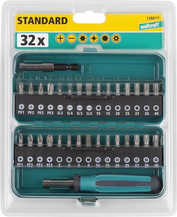 Produktbild wolfcraft wolfcraft 1 Standard Bit-Set 32-tlg. (Kreuz Phillips PH M1, Kreuz Phillips PH M2, Kreuz Pozidriv PZ M1, Kreuz Pozidriv PZ M2, Kreuz Phillips PH M3, Kreuz Pozidriv PZ M3, Innensechsrund TX mit Loch M10, Innensechsrund TX Mit Loch M15, Innensechsrund TX mit Loch M20, Innensechsrund TX Mit Loch M25, Innensechsrund TX mit Loch M27)