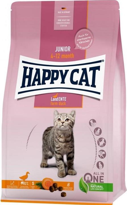 Produktbild Happy Cat Junior Farm Ente, Trockenfutter, für Kätzchen 4-12 Monate, Ente, getreidefrei, 4kg, Beutel (Junior, 4000 g)