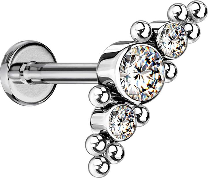Star Piercing Micro Labret Innengewinde silber mittig mit Kugeln und drei Kristallen (ohne Messing, Titan G23)