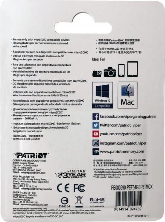 Produktbild Patriot Ep (64 GB, microSDXC, U3, UHS-I)