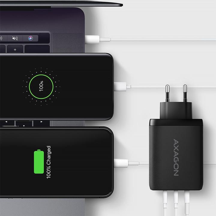 Actual product image Axagon ACU-DPQ100, GaN nabíječka do sítě, 3x port (USB-A + dual USB-C), PD3.0/PPS/QC4+/Apple (100 W)