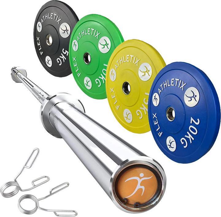 Produktbild FlexAthletix Bumper Plates Set & Langhantel (2 x 5 kg, 2 x 10 kg, 2 x 15 kg, 2 x 20 kg)