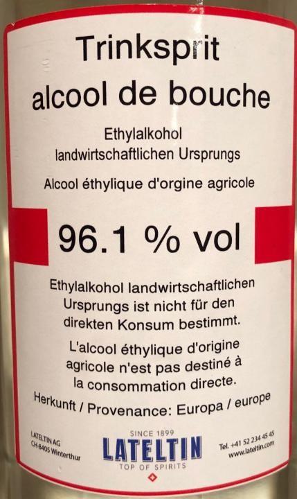 Produktbild Lateltin Trinkspirit Pur Landwirtschaftlichen Ursprungs Ethylalkohol 1 Liter / 96.1 % Europa (1 x 75 cl)