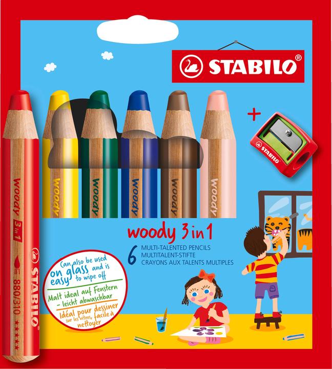 STABILO matita colorata woody 3 in 1 con temperino (Multicolore, 6 x)