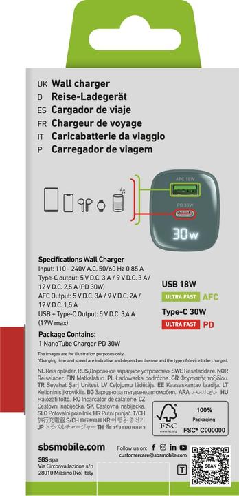 Label énergétique SBS Chargeur mural avec écran LCD, 1 sortie USB-C-PD-30W, 1 sortie USB-A-18W (30 W)