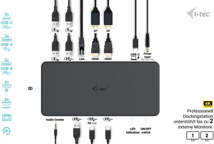 Actual product image i-tec Cadual4kdockpd2 (USB-C, Thunderbolt, 13 Ports)