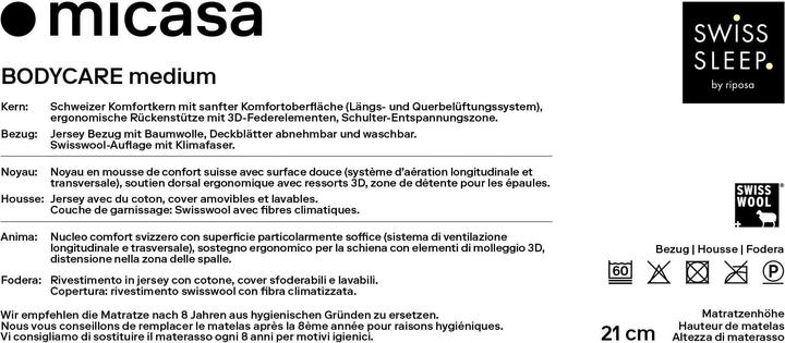 Nährwerte und Zutaten SwissSleep by riposa BODYCARE medium (90 x 200 cm, Schaumstoffkern)