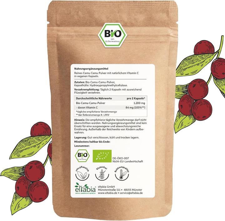 Eltabia Bio Camu Camu Kapseln | Hochdosiert 84mg Tagesdosis | 100% natürliches Vitamin C (100 Stück, Kapseln)