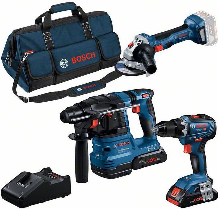 Actual product image Bosch Professional Combo kit 3-piece 18V: GSR 18V-55/GWS 18V-7/GBH 18V-22, 2x battery, quick charger