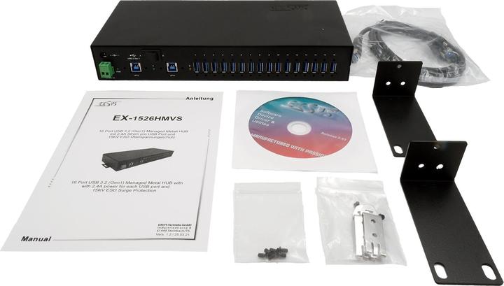 Produktbild Exsys USB 3.2 HUB 16-Port für 48,30cm (19") Rack inkl.USB3.2 Kabel und Din-Rail Kit (USB-B, 16 Ports)