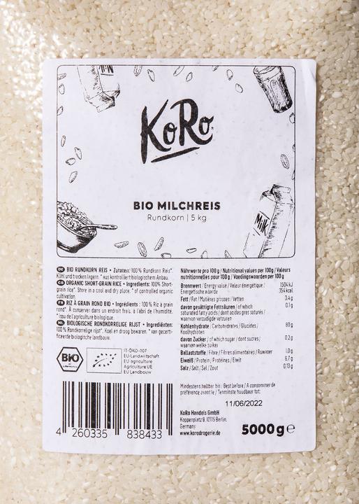 Valeurs nutritives et ingrédients KoRo Riz bio à grains ronds (5000 g)
