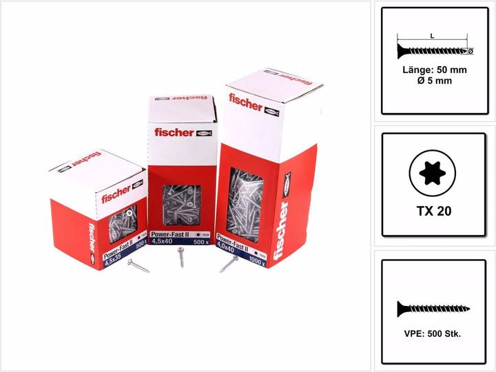 Produktbild Fischer Power-Fast II FPF II Spanplattenschraube 5,0x50 mm 500 Stück ( 670359 ) Senkkopf mit Torx Vo (500 Schrauben pro Stück)