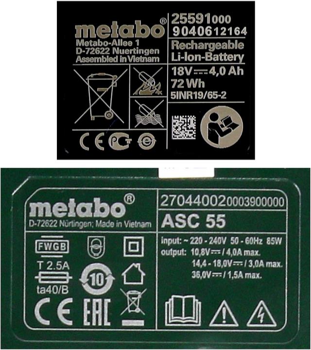 Actual product image Metabo Basic set 18V with 1x Li-Power battery pack 4.0 Ah ( 625591000 ) + charger ASC 55 ( 627044000 ) (18 V)