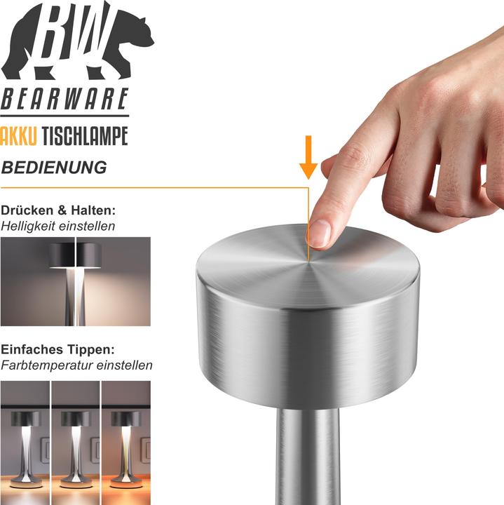 Actual product image Bearware LED Tischleuchte, dimmbar, kabellos, Akku, Touch, Nachttischlampe, Schreibtischlampe, Edelstahl