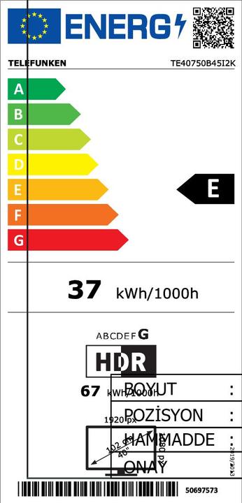 Energie-Label Telefunken TE40750B45 40 Zoll Voll-Led-Fernseher (40", LCD)