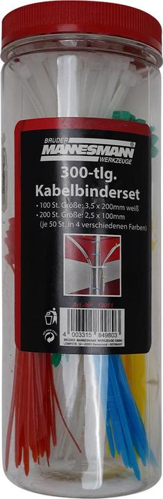 Produktbild Mannesmann Kabelbinder-Set, 300-teilig in einer Runddose, Masse: (B)210 x (T)72 x (H)72 mm (72 mm, 300 Stk.)
