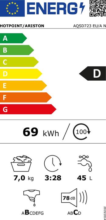 Energy Label Hotpoint AQSD723 EU/A N Washing machine Free installation Front loading 7 kg 1200 rpm D Arg (7 kg, Right, EU plug)