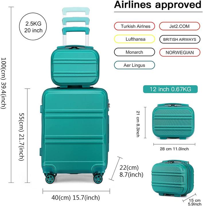 Immagine prodotto Kono Set di 2 valigie in ABS a guscio rigido Turchese (38 l, Bagaglio a mano (fino a 50 litri))