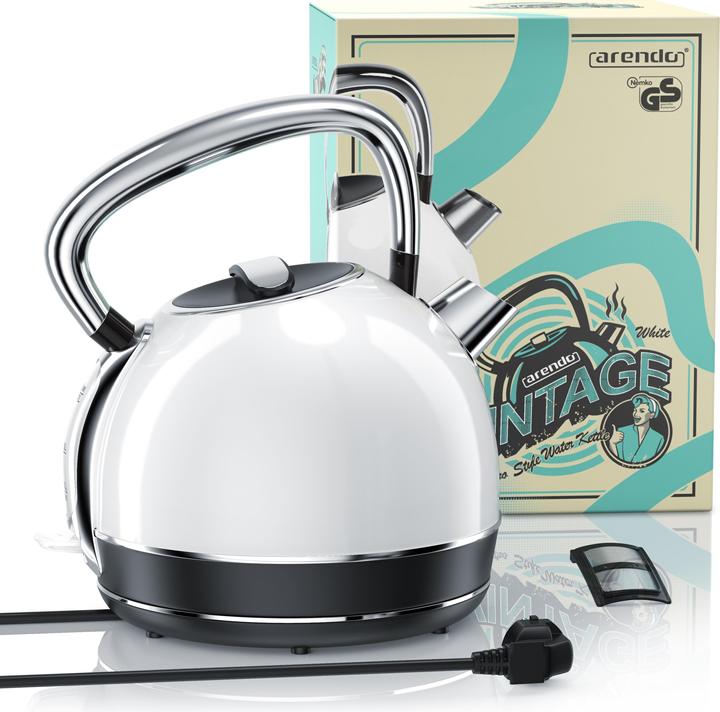 Produktbild Arendo Wasserkocher 1,7 l, 2200 W, Edelstahl, Retro Style, Vintage, Überhitzungs & Trockenkochschutz, weiss (1.70 l)