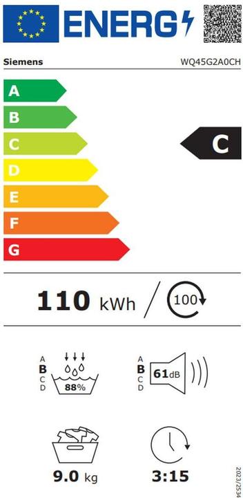 Label énergétique Siemens iQ500, WQ45G2A0CH (9 kg, Droite, Fiche CH)