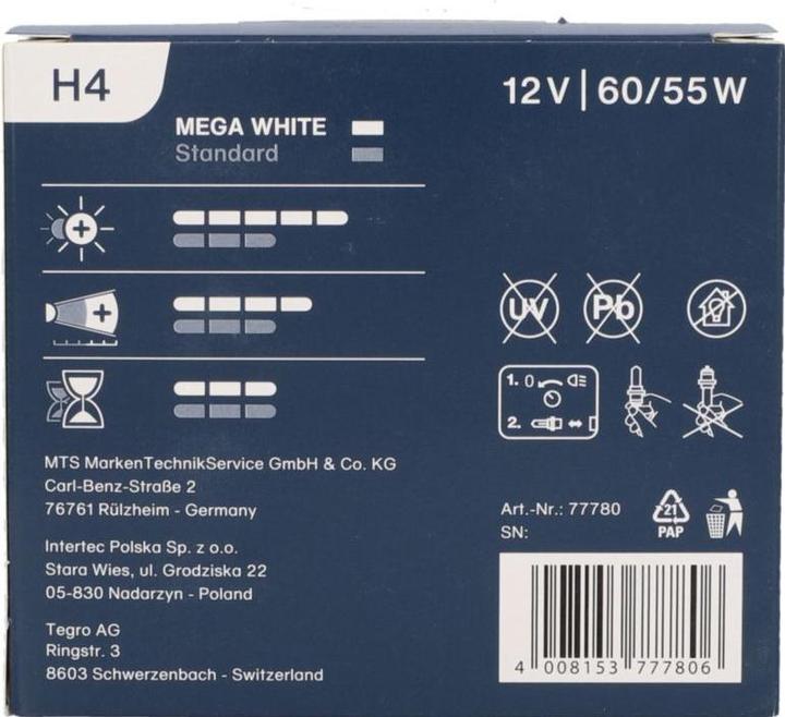 Image du produit Unitec Lampe halogène Xenon Mega White (H4)