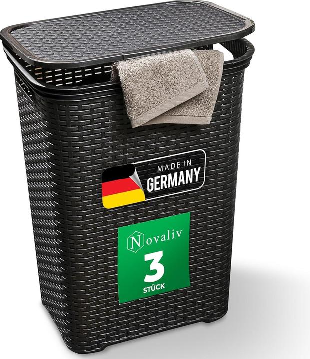 Produktbild Novaliv 3 Stück Rattan Wäschekorb mit Deckel 60L Schwarz, Wäschebox Set Wäscheeimer Wäschebehälter m (60 l)